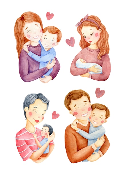 Foto conjunto de imágenes prediseñadas familiares. ilustraciones en acuarela con niños y padres. conjunto de imágenes prediseñadas de madre padre hijo