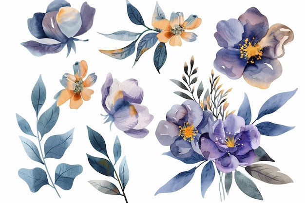 Conjunto de imágenes prediseñadas de flores de acuarela Ilustraciones florales realistas para diseños nupciales simples y elegantes