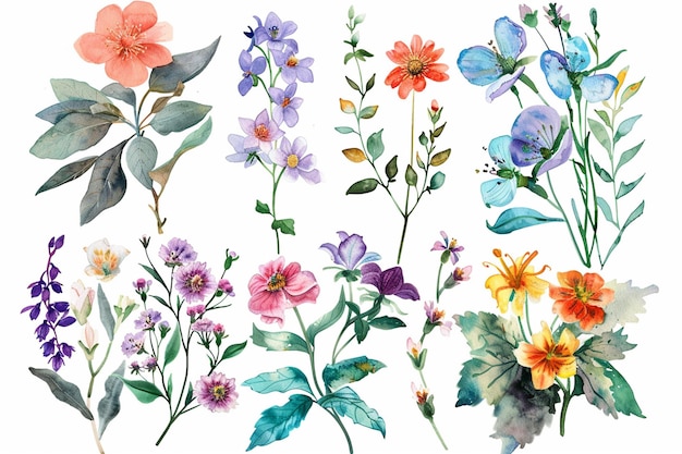 Conjunto de imágenes prediseñadas de flores de acuarela Ilustraciones florales realistas para diseños nupciales simples y elegantes