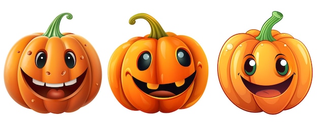 Conjunto de imágenes prediseñadas gráficas de Halloween de calabazas naranjas sonrientes con ojos juguetones y una expresión amistosa