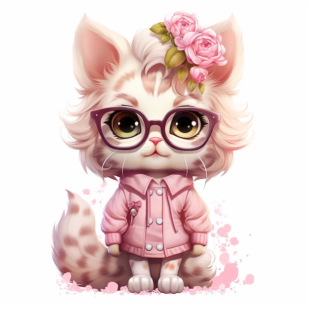 Un conjunto de imágenes prediseñadas de un lindo gato rosa con cola rizada con gafas de moda y vestido con un floral rosa