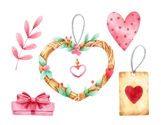 Conjunto de imágenes prediseñadas de San Valentín aislado en blanco. Corazón de mimbre acuarela, presente, etiqueta, ilustraciones de hojas. Colección de imágenes prediseñadas del día del amor romántico.