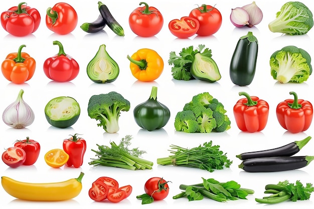 Conjunto de imágenes de verduras frescas maduras sobre fondo blanco