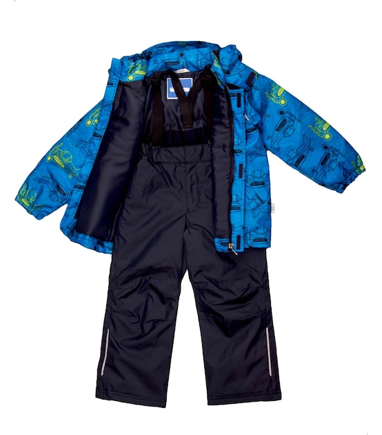 Conjunto infantil isolado de jaqueta azul brilhante e calças para clima frio roupas infantis