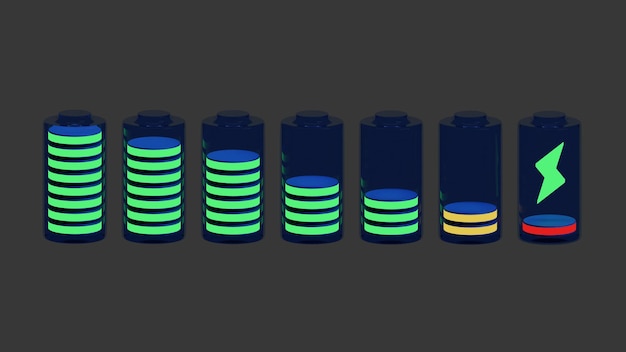 Conjunto infográfico de baterías de energía descargadas y de varios niveles sobre fondo negro representación 3d