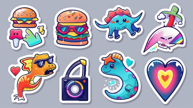 Este conjunto de insignias de diseño ácido moderno de dibujos animados incluye una hamburguesa divertida un dinosaurio y setas así como un recinto en forma de corazón y una bailarina loca