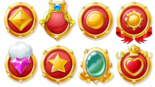Foto un conjunto de insignias de premios de dibujos animados con bordes de círculo dorado gemas banderín rojo y gorra de nieve