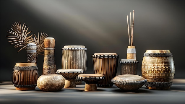 Foto conjunto de instrumentos musicales maracas tambourine conga y percusión étnica concepto de instrumentos musicales percusión maracas tamourine