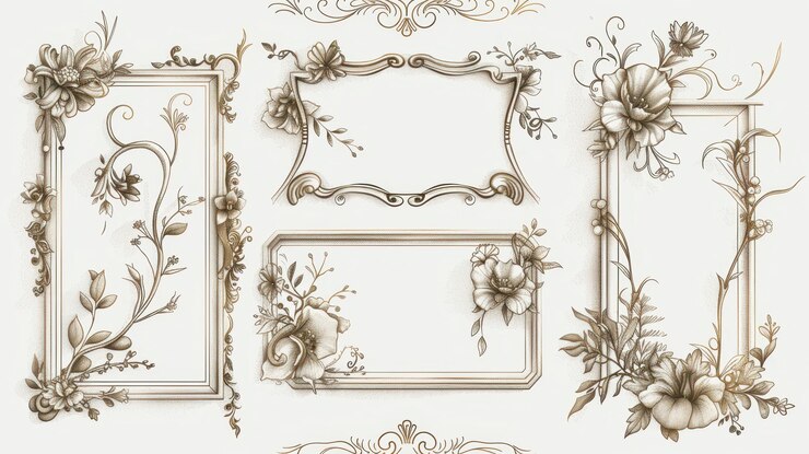 Conjunto de intrincados dibujos de marco floral con diseños florales detallados ideales para inspirados en la época