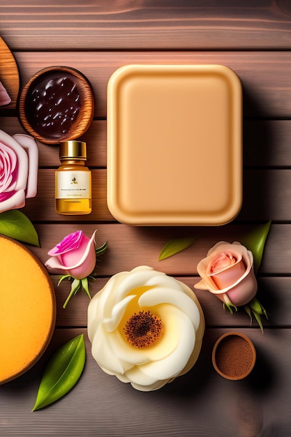 Conjunto de jabones y rosas sobre fondo de madera Concepto de cosmética natural spa