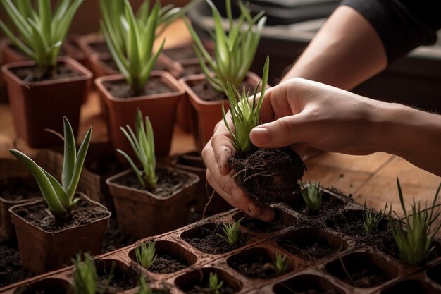 Conjunto de jardinero trasplantando jacintos de plantas bulbosas en macetas de cemento en la IA generativa de madera