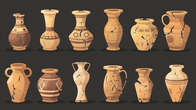 Un conjunto de jarrones antiguos aislados sobre un fondo negro Ilustración de dibujos animados modernos de cerámica antigua vasos agrietados y decorados jarrones de arcilla marrón ánforas urnas cerámicas museo histórico