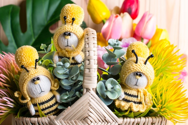 Conjunto de juguetes hechos a mano de abeja de punto amigurumi insectos rayados