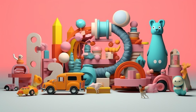 Un conjunto de juguetes y objetos que se sientan en el fondo al estilo del diseño gráfico.