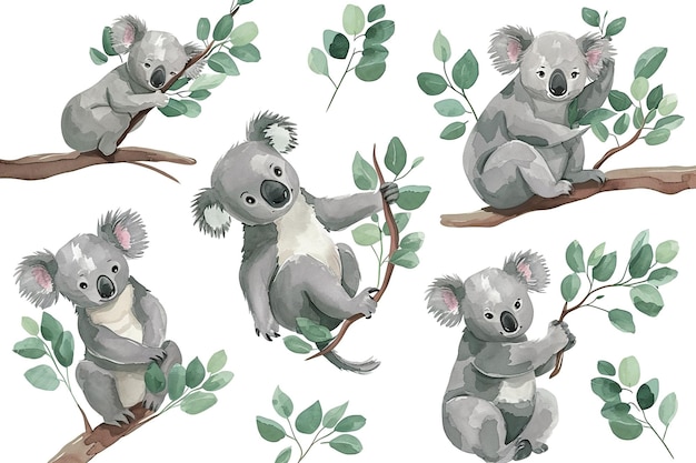 Conjunto de koalas diferentes poses estilo acuarela adorable fondo blanco