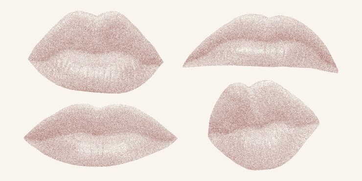 Foto conjunto de labios con diferentes emociones en estilo de punto punteado bocas de textura roja en fondo claro elementos retro con efecto de fotocopia estandarte polvoriento arenoso