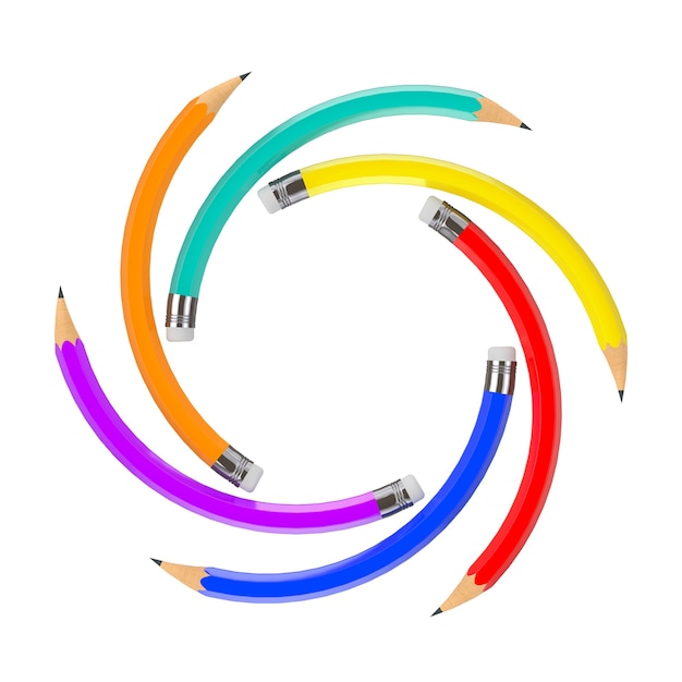 Conjunto de lápices de colores doblar en forma de círculo sobre un fondo blanco. Representación 3D