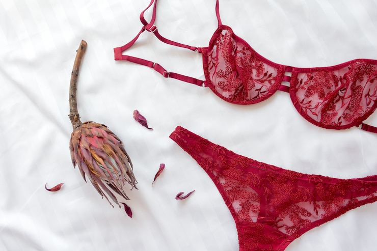 Foto conjunto de lencería glamorosa y elegante de encaje sexy con flores
