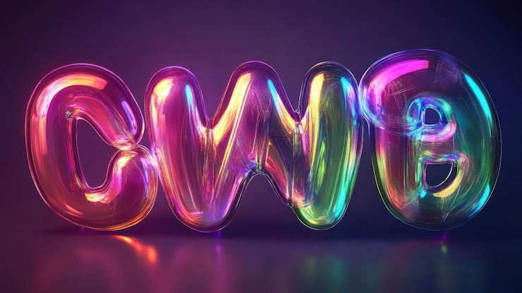 Foto un conjunto de letras de burbujas 3d hechas de material translúcido que refleja la luz y crea efectos sutiles de arco iris contra un fondo oscuro