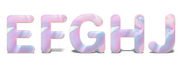 Conjunto de letras mayúsculas E, F, G, H, J en brillante diseño holográfico, alfabeto de neón brillante.