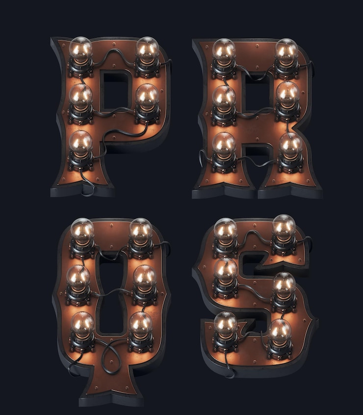 Foto conjunto de letras renderizadas en 3d en estilo steampunk con lámparas de bombilla vintage