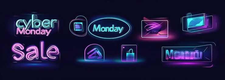 Foto un conjunto de letreros de neón con las palabras venta de lunes cibernético y otro texto