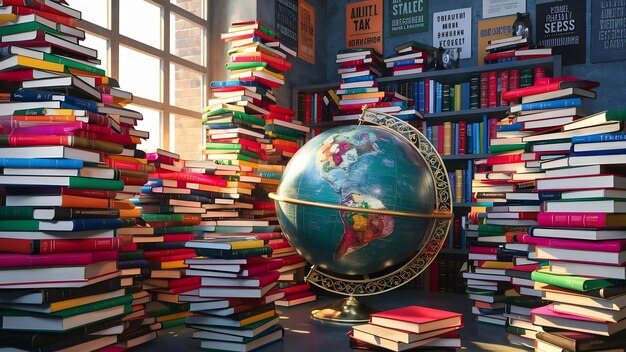 Foto conjunto de libros multicolores y globo