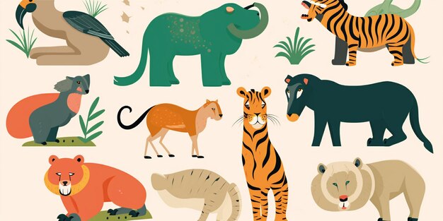 conjunto de linda ilustración de dibujos animados de animales extraños