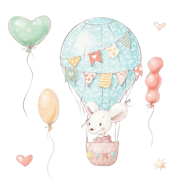 Foto conjunto de lindo ratón de dibujos animados en un globo y banderas.