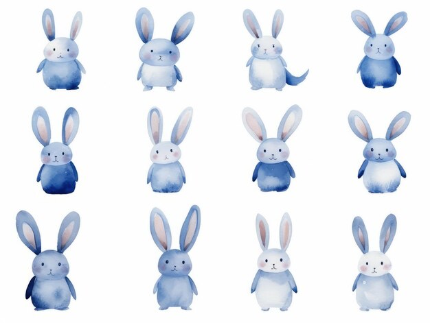 Conjunto de lindos conejos de acuarela aislados en una ilustración de fondo blanco IA generativa