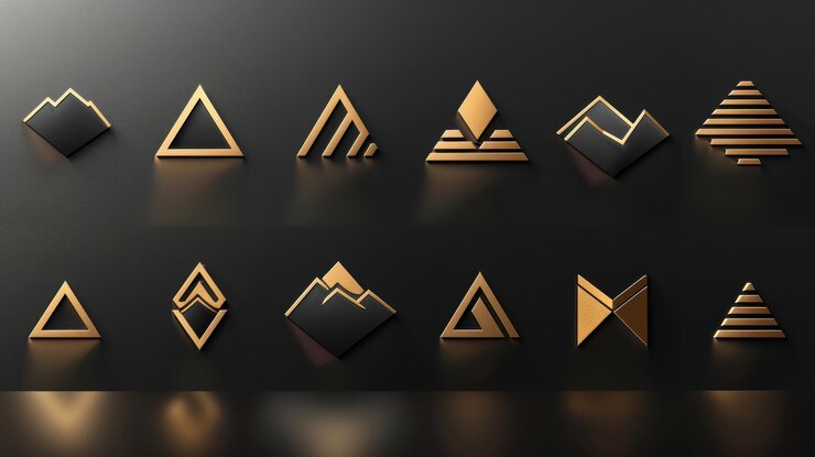 Conjunto de logotipos geométricos dorados y negros con varios diseños perfectos para la identidad corporativa de marca