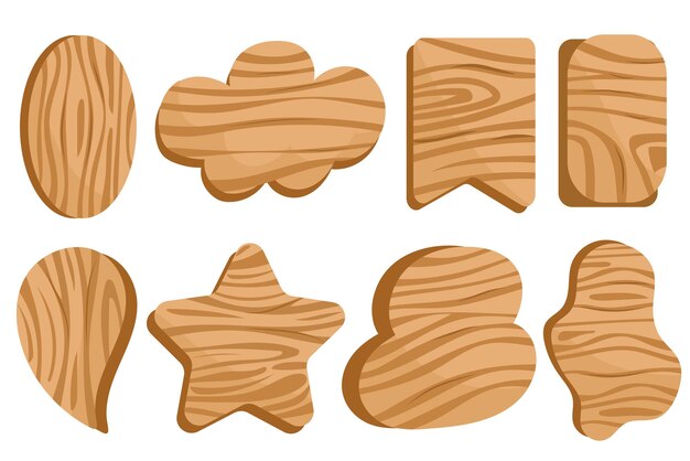 Conjunto de madera en el diseño plano de dibujos animados Un conjunto bellamente creado de tablas de madera de varias formas