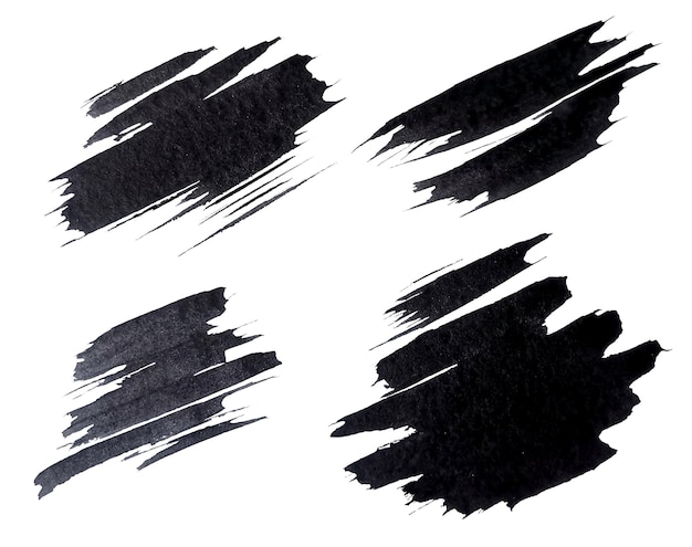 Conjunto de mancha de acuarela negra con lavado y salpicaduras. Acuarela aislada sobre fondo blanco.