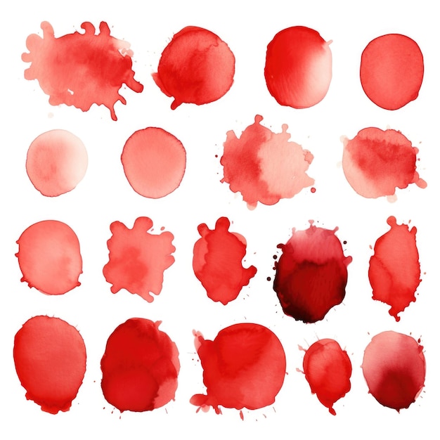 Foto conjunto de manchas de pintura de acuarela manchas y salpicaduras en fondo blanco