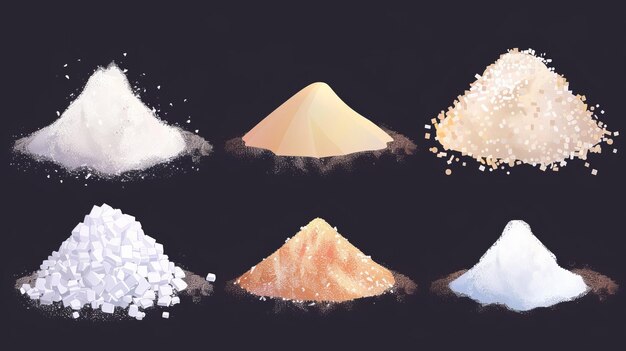 Foto conjunto de manchas de tiza o arena grosos gránulos de sal culinaria o azúcar en un revestimiento polvoriento blanco conjunto realista moderno de manchas aisladas en negro