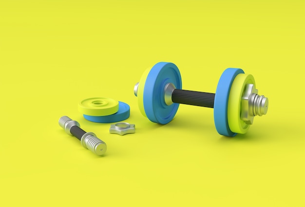 Conjunto de mancuernas de renderizado 3D, vista cercana detallada realista Elemento deportivo aislado de diseño de mancuernas de fitness.