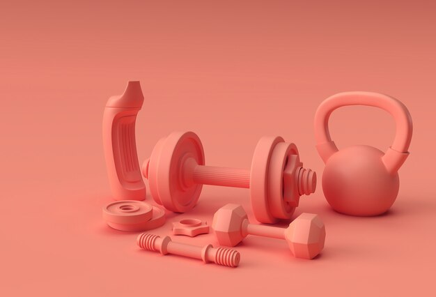 Conjunto de mancuernas de renderizado 3D, vista cercana detallada realista Elemento deportivo aislado de diseño de mancuernas de fitness.