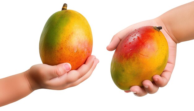 Conjunto de mangos en la mano de un niño aislado en un fondo blanco o transparente primer plano de mango en
