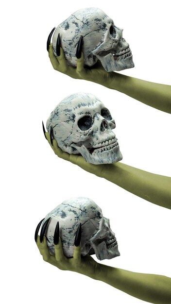 Conjunto de manos de brujas sosteniendo un cráneo de cabeza humana El color de la mano es verde Mano de zombi malvado o monstruo