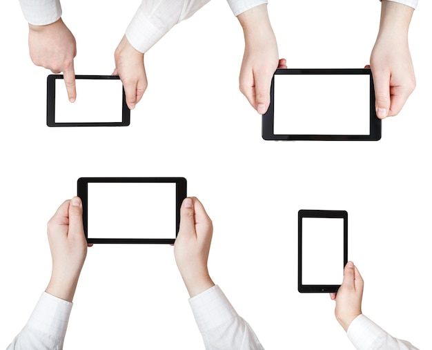 conjunto de manos de hombre de negocios con tablet PC aislado en fondo blanco