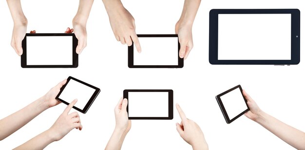 conjunto de manos con tablet PC aislado en fondo blanco