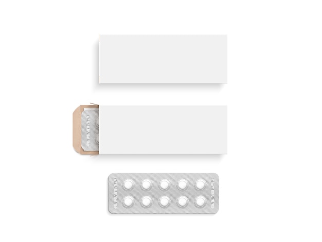 Conjunto de maqueta de diseño de caja de píldora blanca en blanco, aislado