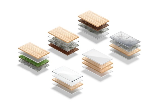 Conjunto de maquetas de capas de material natural de madera y piedra en blanco aisladas