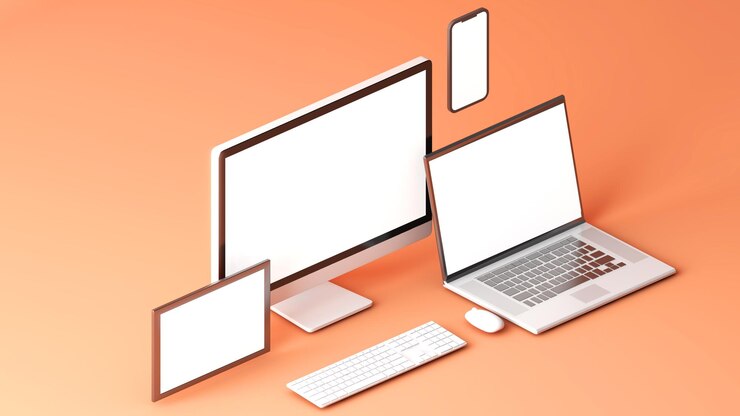 Foto conjunto de maquetas de dispositivos blancos limpios con fondo naranja tableta pc computadora de escritorio móvil y portátil renderización 3d