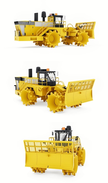 Conjunto de máquina compactadora de basura para vertederos bulldozer industrial para trabajar en vertederos renderizado 3d