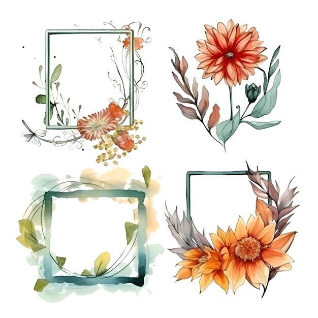 Conjunto de marcos de acuarela con flores y hojas Ilustración vectorial