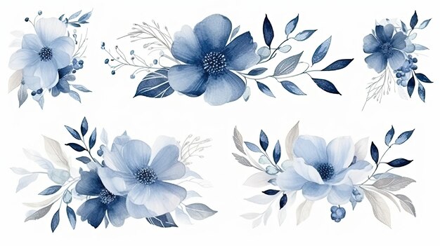 Conjunto de marcos florales de acuarela azul y gris para invitaciones de boda