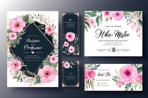 Foto conjunto de marcos de invitaciones de boda acuarela floral dibujo digital a mano diseño de flor rosa tarjeta de invitación