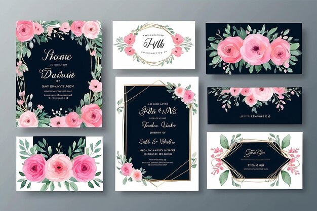 Foto conjunto de marcos de invitaciones de boda acuarela floral dibujo digital a mano diseño de flor rosa tarjeta de invitación