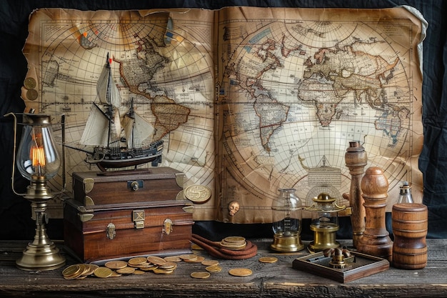 conjunto marino para aventureros viejo mapa brújula madera bronce equipo telescopio